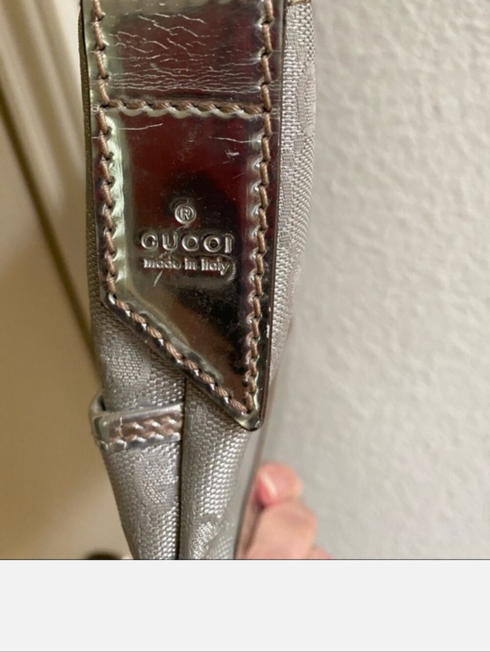 Gucci Silver Monogram Crossbody Bag with Blue and Cream Striped Strap - Picture 10 of 11